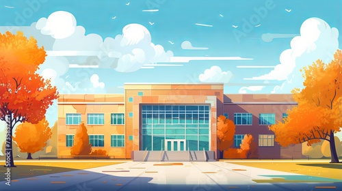 Colorful School Building Exterior Facade, Flat Design Style, Educational Institution Concept photo