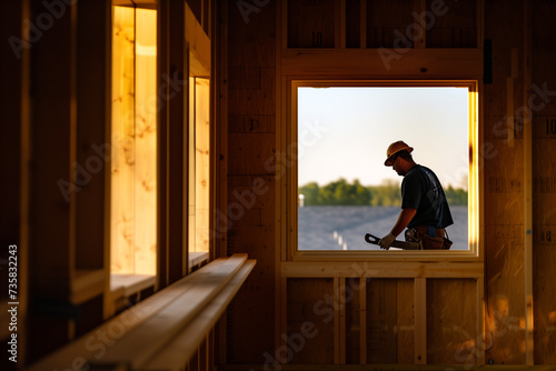 Craftsman at Dusk: Backlit Timber Frame Construction photo