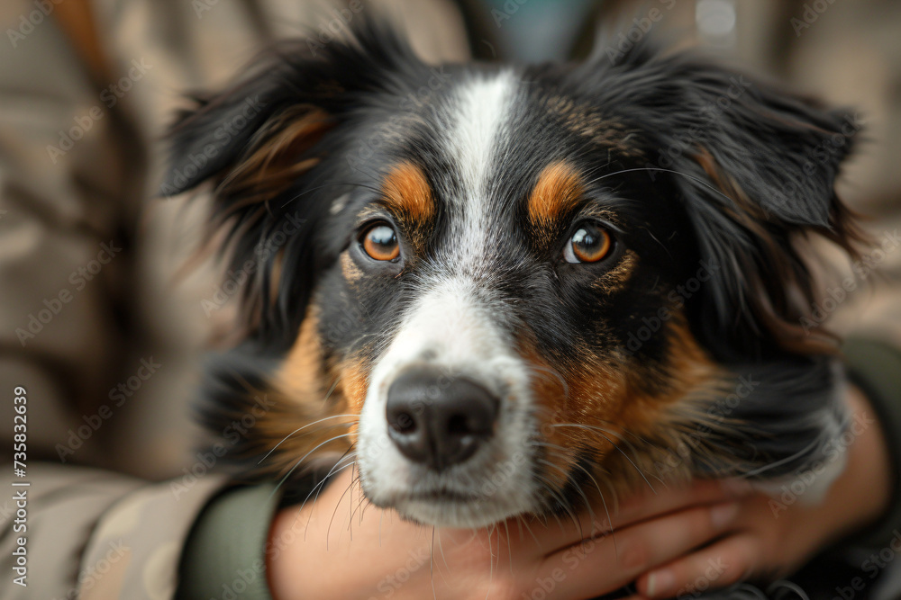 Close-up of a tricolor Australian Shepherd. Emotional pet portrait with a detailed focus on eyes. Pet companionship and expression concept. Design for pet care and training guide