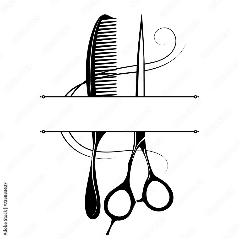Scissors comb and curl of hair, beauty salon banner sign Scissors comb and curl of hair, beauty salon banner sign