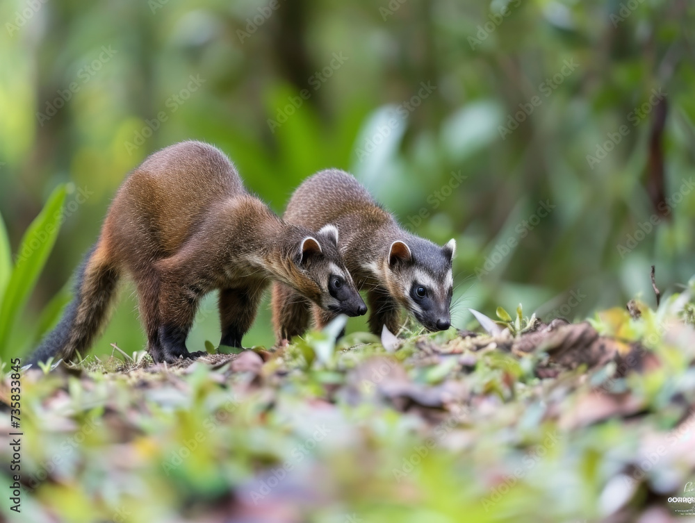 Obraz premium Close-up of curious coatis on the jungle ground.