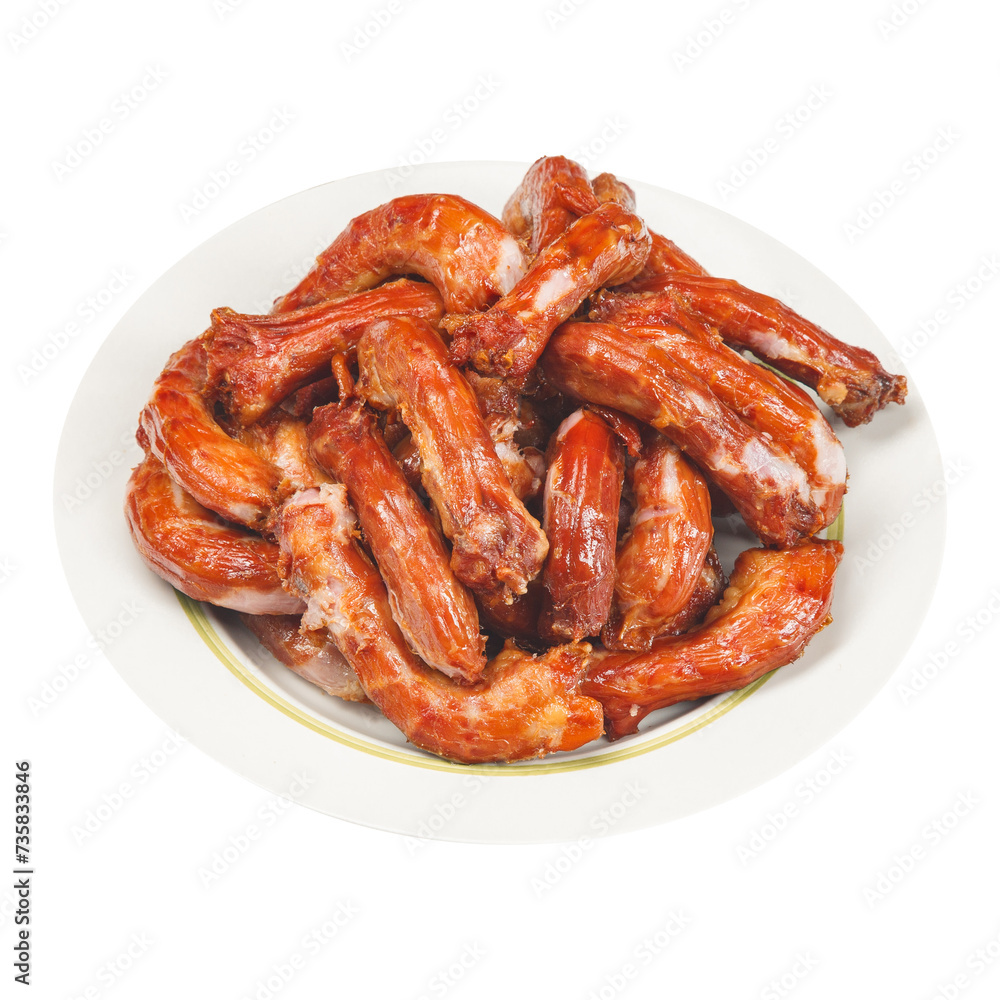 Smoked chicken necks on a plate on a white background, isolated