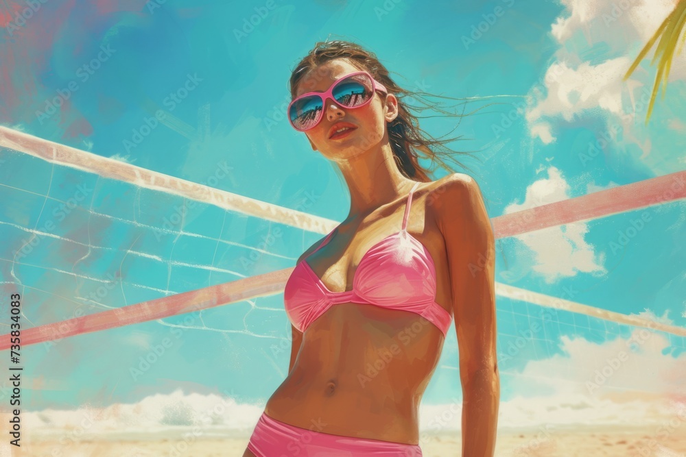 Stylish Lady Stands Out In Pink Bikini And Trendy Shades During Beach Volleyball Game