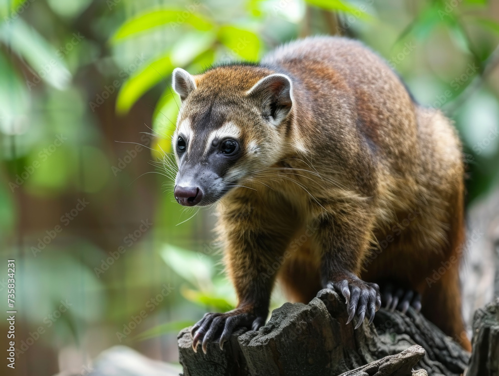 Fototapeta premium Close-up of curious coati on the jungle ground.