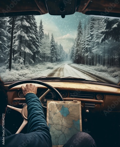 Winter Road Trip Planning with Map in Car