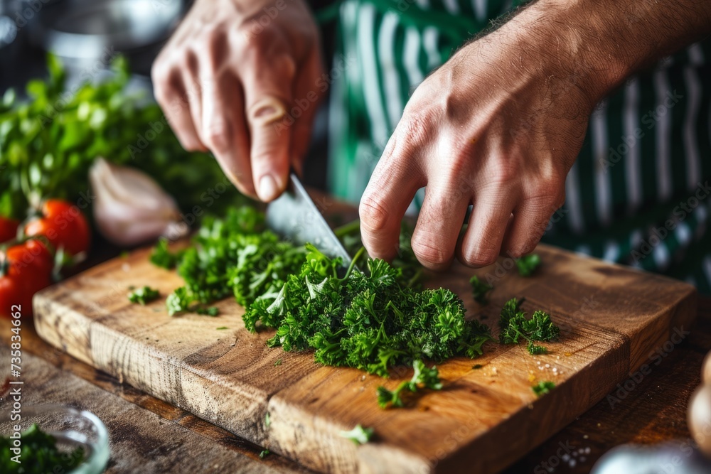 Masterful Chef Precisely Chops Aromatic Parsley On Traditional Wooden Cutting Board