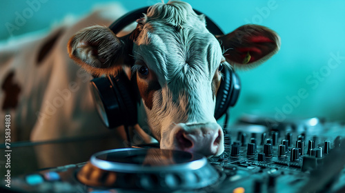 DJ cow with headphones and turntable.