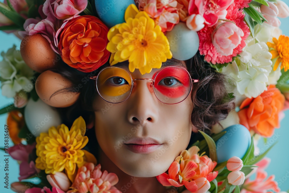 Whimsical portrait of a person wearing glasses, surrounded by a vibrant flowers and Easter eggs