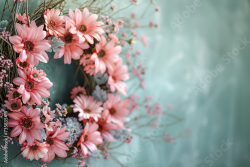 Close-up of Easter wreath adorned with delicate pink flowers, embodying the essence of spring © Cherrita07