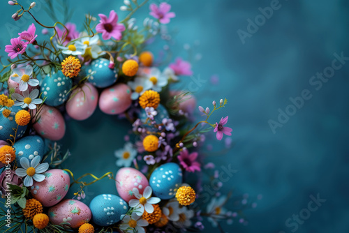 Wreath overflowing with spring flowers and Easter eggs in pastel colors on dreamy background © Cherrita07