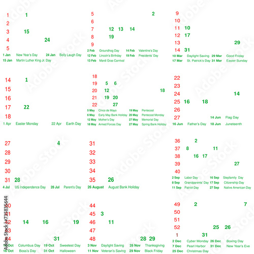 2024 Calendar Holidays Calendar with Week Numbers - Planner 