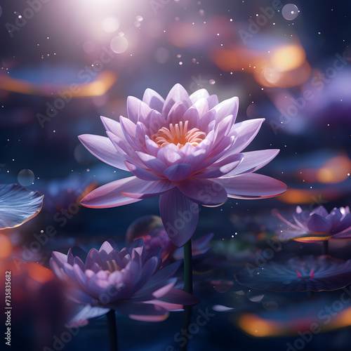 Experience the enchantment of a hyper-realistic lotus flower captured in the night, glowing with soft pink hues. Ethereal and magical