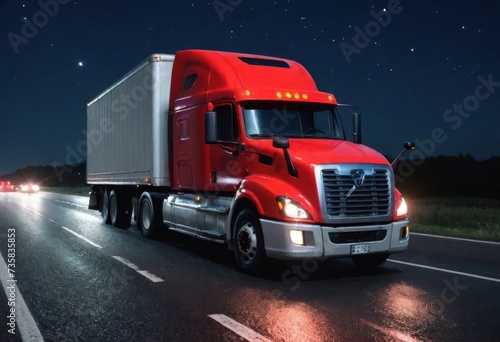 Big rig stylish industrial red semi truck with turned on headlights transporting cargo photo