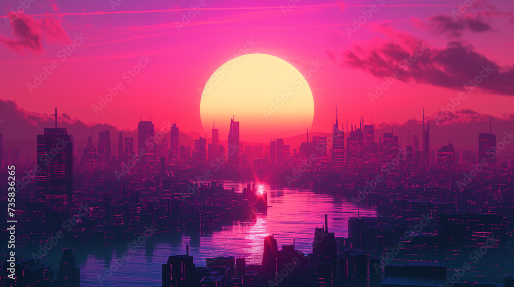 Neon sun sets behind a retrowave city.