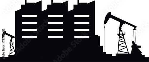Oil refinery black icon industrial engineering factory chemical manufacture vector flat