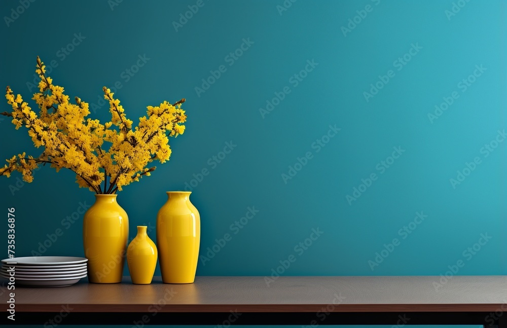 Elegant Blue Vases with Yellow Flowers on Shelf Elegant Blue Vases with Yellow Flowers on Shelf
