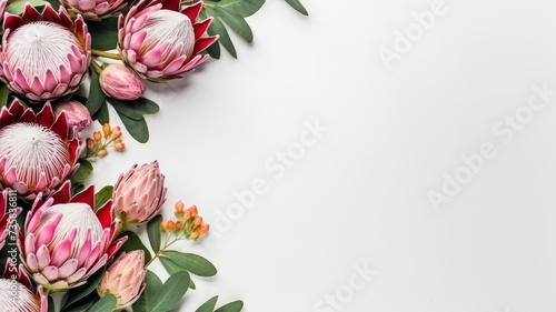 composition of a bouquet of protea flowers, top view with copy space on a white background