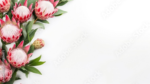 composition of a bouquet of protea flowers, top view with copy space on a white background
