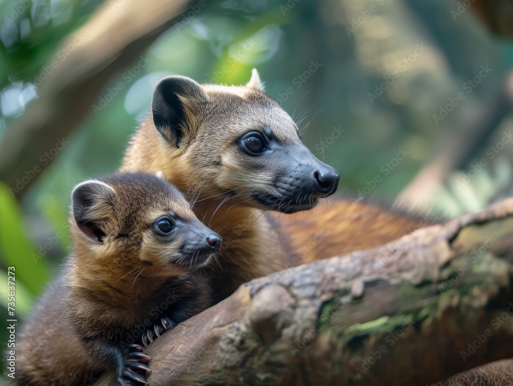 Obraz premium A mother coati and her baby share a tender moment on a tree limb.