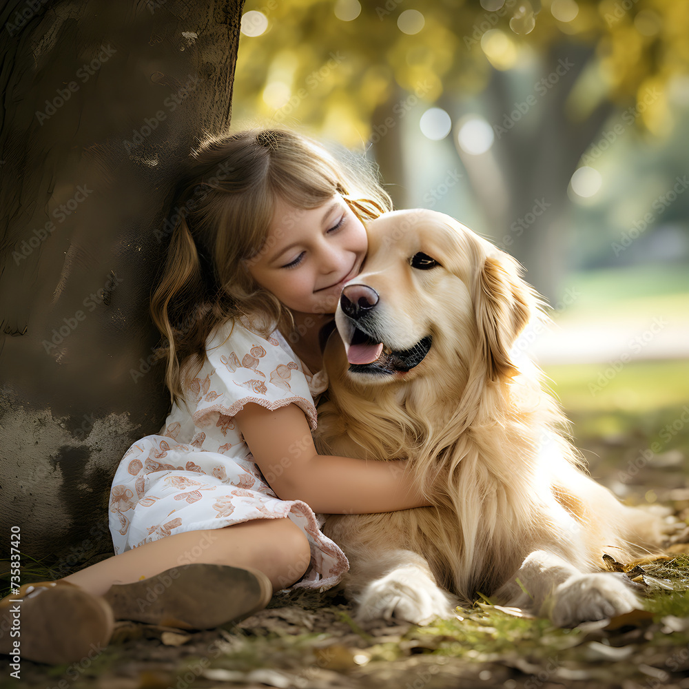 A Cherished Moment: Young Girl Enjoying a Warm Embrace with Her Golden Retriever in a Park