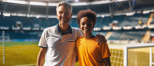 A soccer coach or a dad, father standing close together with his trainee or son in the middle of a football stadium. Kid and adult looking into the camera, smiling.