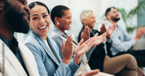 Business people, woman and team applause in conference, tradeshow and support feedback of success. Happy employees, audience and clapping in celebration, praise or winning award at seminar convention photo