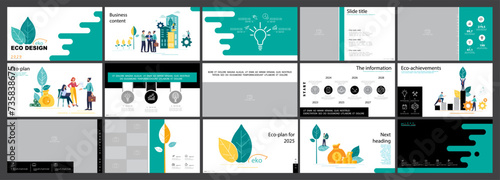 Eco-design City business. Presentation powerpoint template, geometric shapes background, green and black elements.Teamwork, businessman, nature and trees.Use in flyers webinar pages.Vector infographic