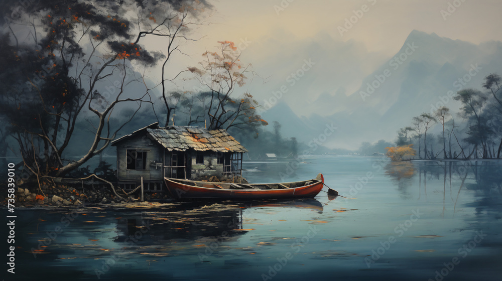 A painting of a boat in the water near a house.