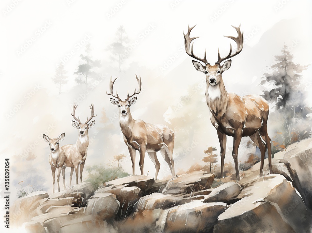 Obraz premium Majestic Deer Herd in Surreal Mountain Landscape
