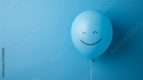 Blue smiling face balloon isolated on blue background with copy space