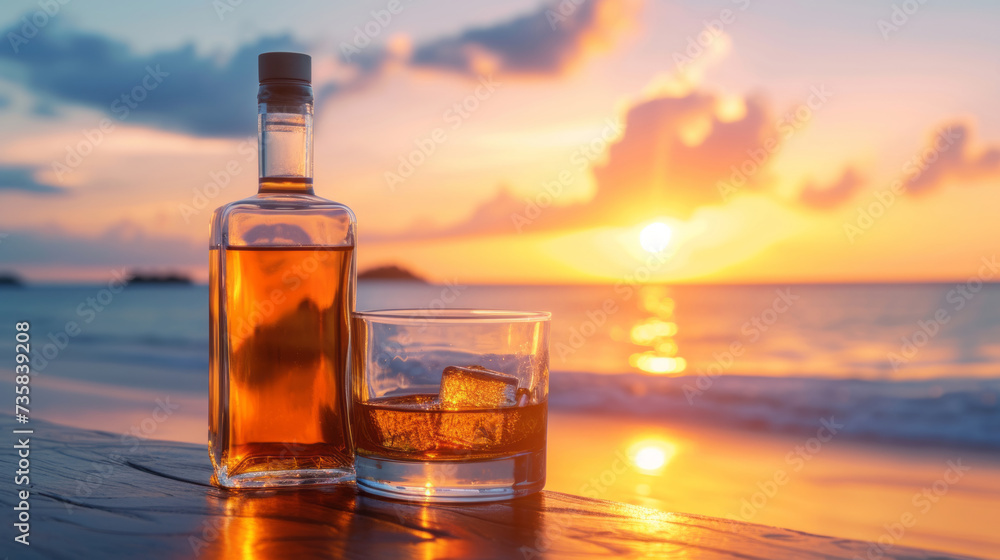 Bottle of whisky on a table with beach sea and sunset in background Bottle of whisky on a table with beach sea and sunset in background