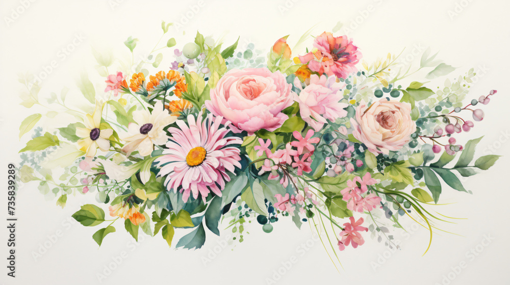 A painting of a bouquet of flowers on a white back.