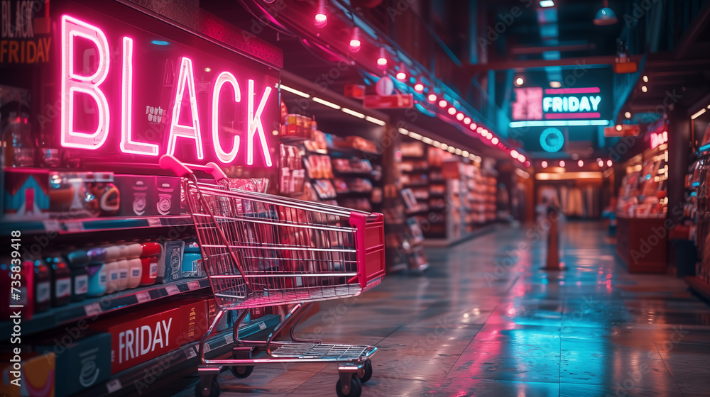 Shopping cart in a supermarket at night. Concept of Black Friday.