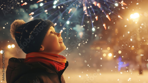 Child wonderment as he watch his first New Year fireworks, eyes wide with amazement