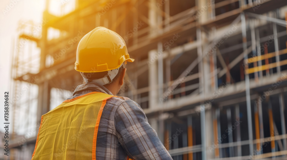 Construction worker with safety helmet in front of unfinished building Construction worker with safety helmet in front of unfinished building