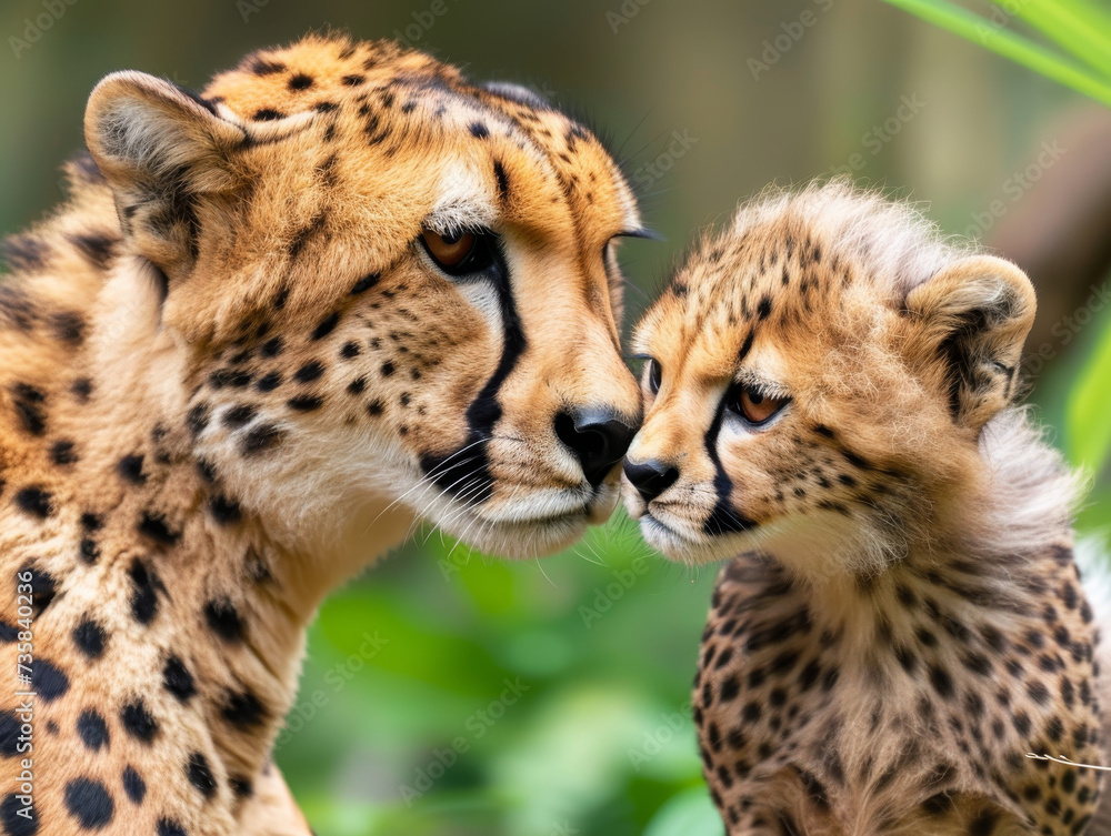 A cheetah cuddles with her cub in nature. A cheetah cuddles with her cub in nature.