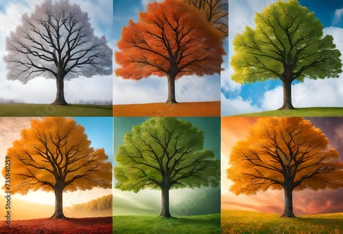 autumn trees in the park, one tree showing all seasons in one frame, seasons of the year, winter, autumn, summer, spring, rain, snowy © iram