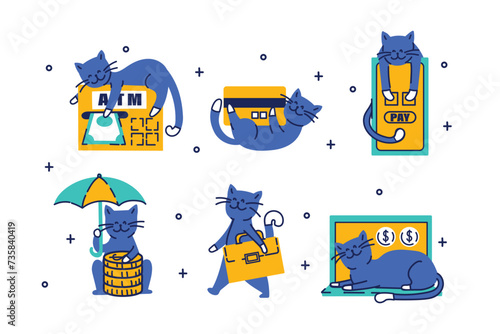 Set of cats with money and banking related objects, symbol of wealth, Bank, capital and elements. Hand drawn doodle illustration collection isolated on background. photo