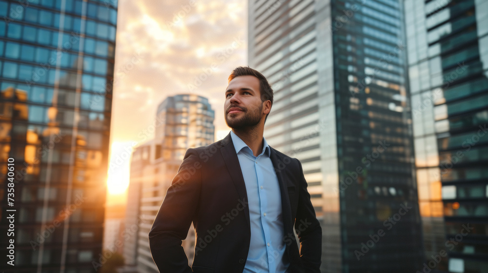 Happy wealthy rich successful caucasian businessman standing in big city modern skyscrapers street on sunset