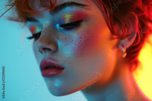 A detailed view of a woman with vibrant and expressive makeup.