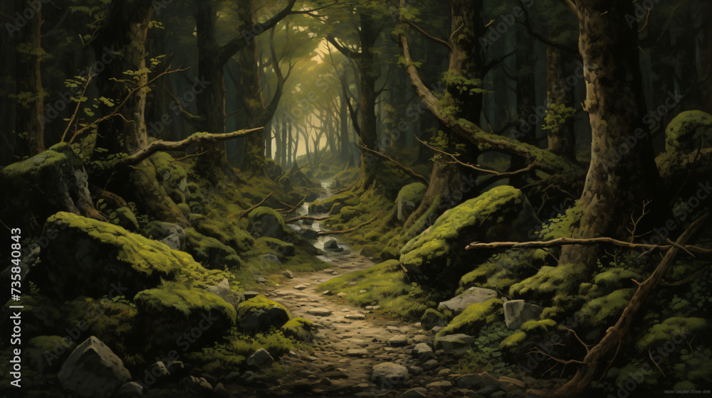 A painting of a forest with a dirt path and trees.