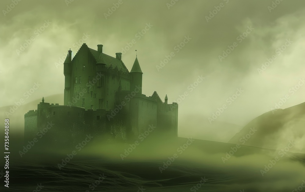 Irish Castle - A majestic Irish castle shrouded in mist, with green hills in the background, embodying the mystery of Ireland.  - obrazy, fototapety, plakaty 
