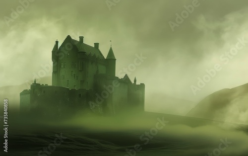 Irish Castle - A majestic Irish castle shrouded in mist  with green hills in the background  embodying the mystery of Ireland. 