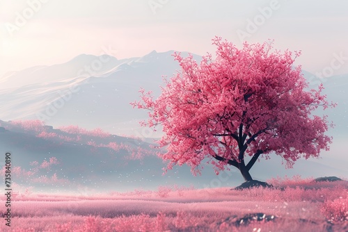 Red cherry blossom in the lake with mist and mountain background.