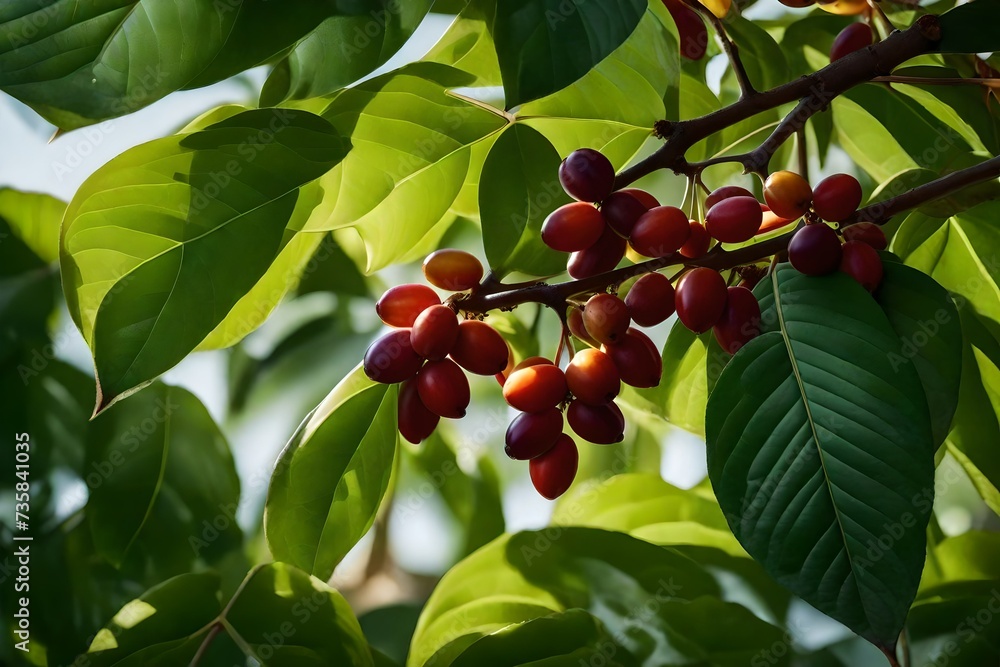 Obraz premium A highly detailed and natural depiction of a Coffea arabica plant, with impeccable lighting that accentuates the fine textures and features of its leaves, stems, and ripe coffee fruits