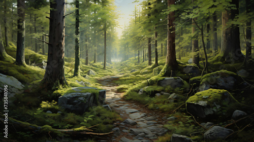 A painting of a forest with a dirt path and trees. © Anas