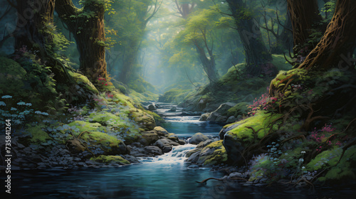 A painting of a forest with a river running through.