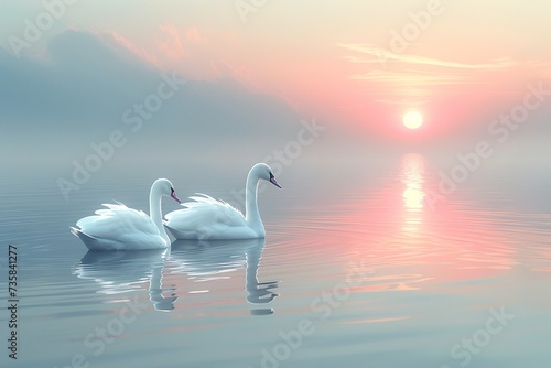 Beautiful swans on the lake at sunrise. Nature composition