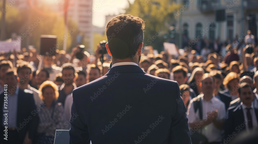 Man politician doing a speech outdoor in front of a crowd Man politician doing a speech outdoor in front of a crowd