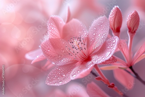 Beautiful pink sakura flower with water drops on petals for designer background